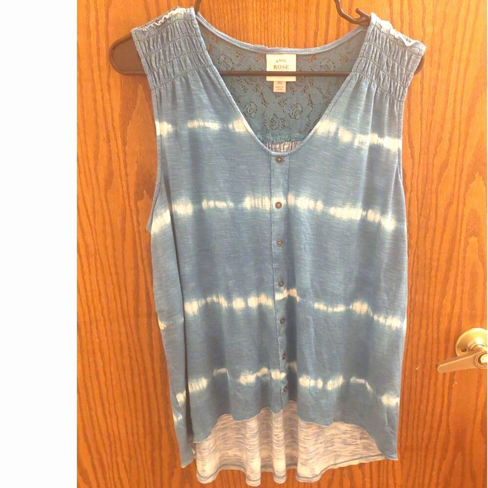 Knox Rose Tie Dye Lace Back Tunic Tank Women's XL Teal Green Boho Button Front